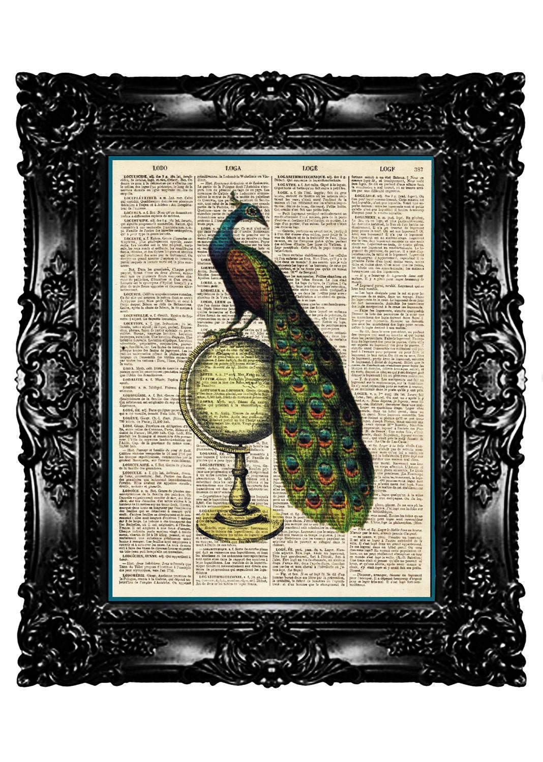 Peacock on World Bibelot  Upcycled Book Dictionary Print  Art Prints Vintage Book Print  Vintage Book Page Recycled Buy 3 get 4th free