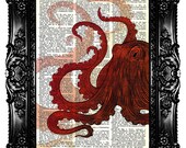 Octopus Big Fire Dictionary Print  Upcycled Book  Art Prints Vintage Book Print Hot Air Red Balloon Buy 3 get 4th free