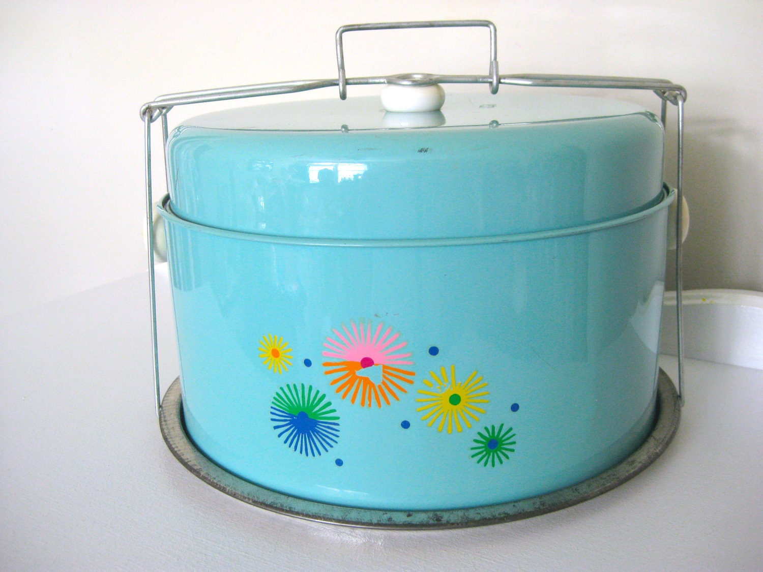 Mid Century Modern Aqua Metal Cake Carrier/Pie Box with Handle-1960-Vintage Kitchenware