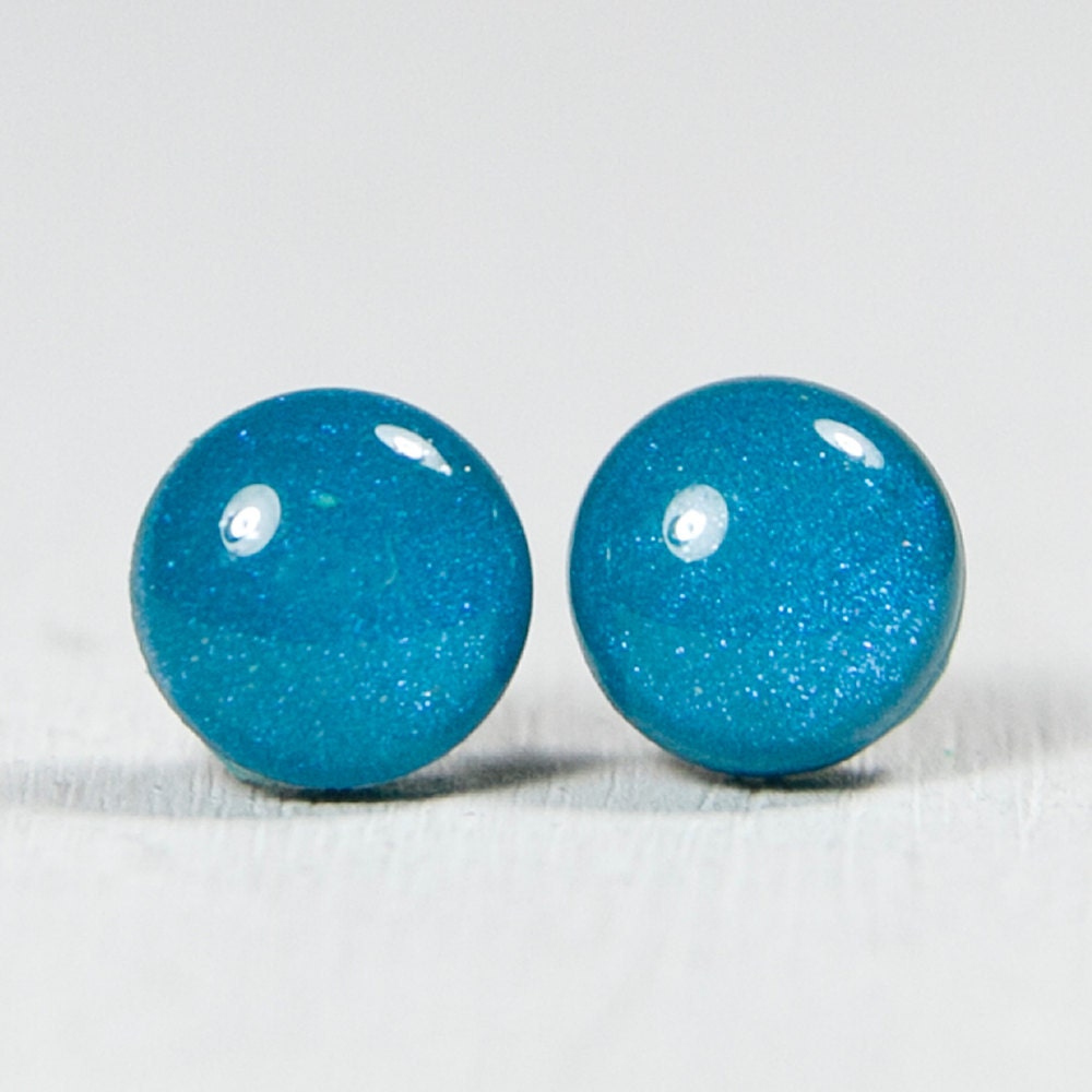 PEACOCK BLUE - Stud Earrings - Polymer Clay & Resin Dot Jewelry small or medium size Post Studs