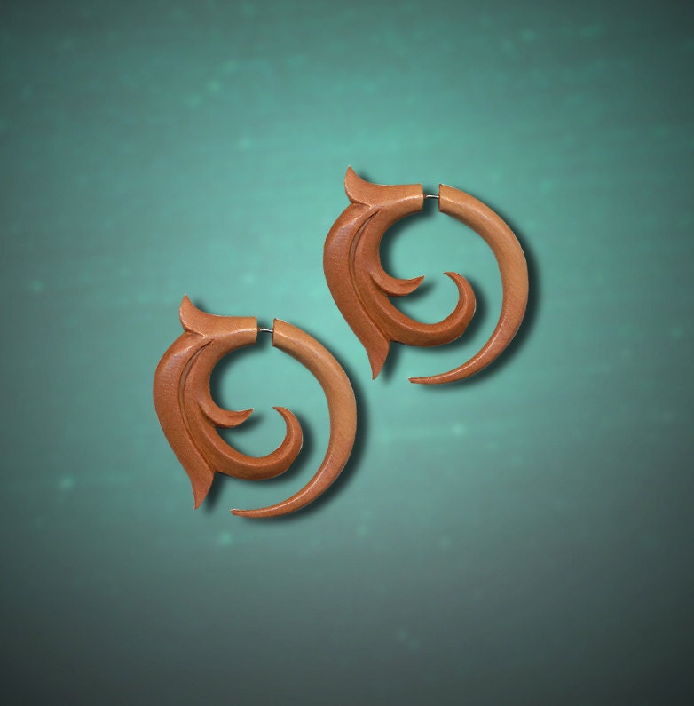 Fake Gauge Earrings - Gia Spirals - Tropical Wood