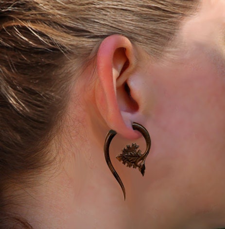 Fake Gauge Earrings - Grape Leaf Drop - Tropical Wood
