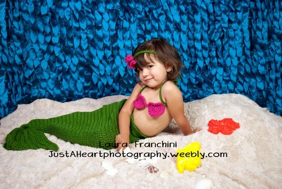Crochet Mermaid Tail, Bikini Top and Star Fish Headband - Toddler - Photography Prop