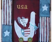 Primitive Americana Duck USA Stars July Summer Frame Hand Painted Wood