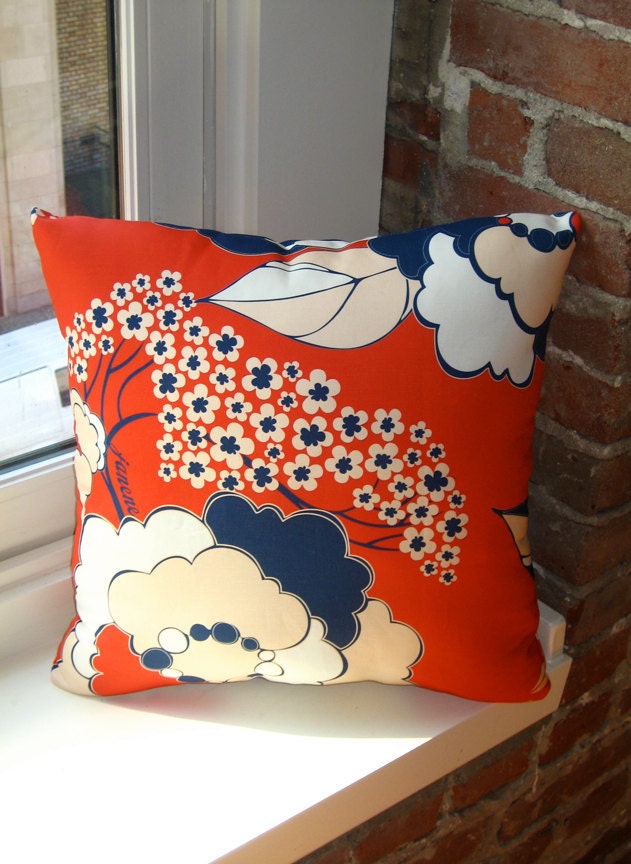 Designer Pillow in Rosetta : Liberty (Abstract Floral in Blue, Natural & White on Red)