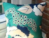 Designer Pillow in Rosetta : Liberty (Abstract Floral in Blue, Natural & White on Emerald Green)