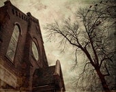 Late Night Hour - steampunk twilight retro old aged rustic sepia brown dark Victorian fine art photograph church branch tree vintage