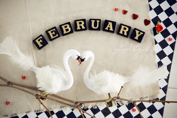 February dreamy calendar photograph whimsical art print love couple white swans scrabble letter sepia black soft color nursery decor checker