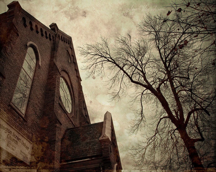 Late Night Hour - steampunk twilight retro old aged rustic sepia brown dark Victorian fine art photograph church branch tree vintage