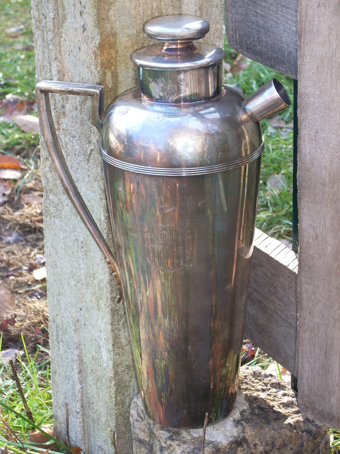 vintage SILVER PLATE CARAFE antique monogrammed carafe shabby cottage chic silver plated monogrammed carafecarafe