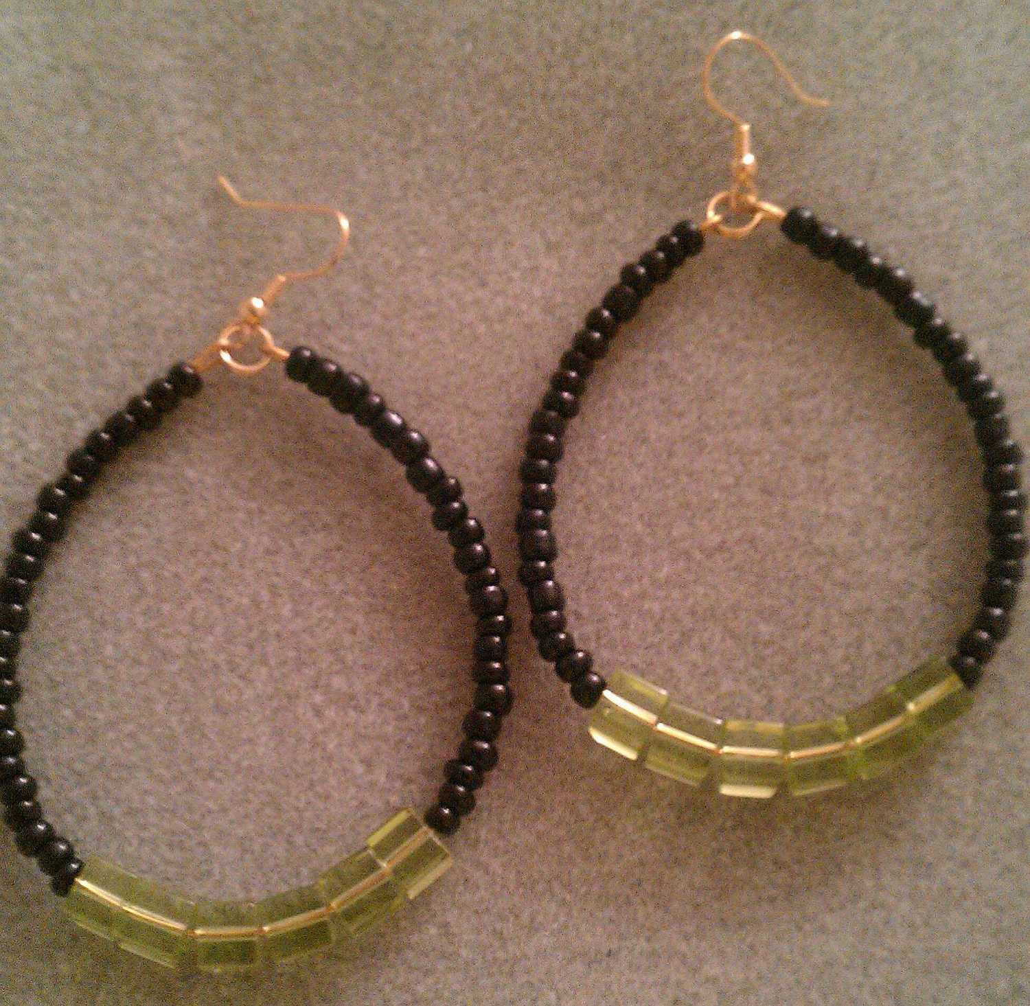 SALE Black & Green Square Beaded Hoops