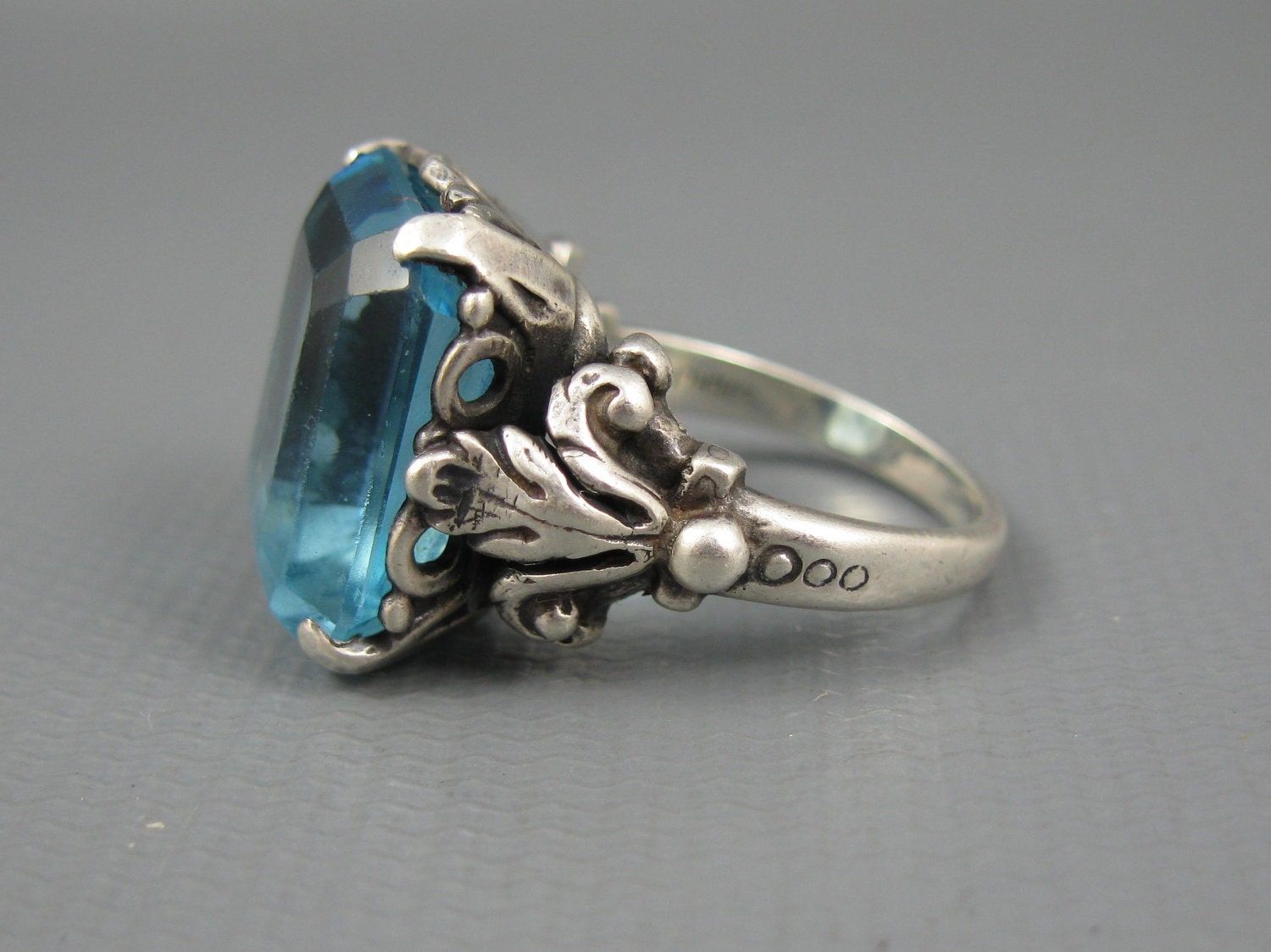 Vintage Rare Guglielmo Cini Sterling Blue Art Glass Ring Signed Size 7.5