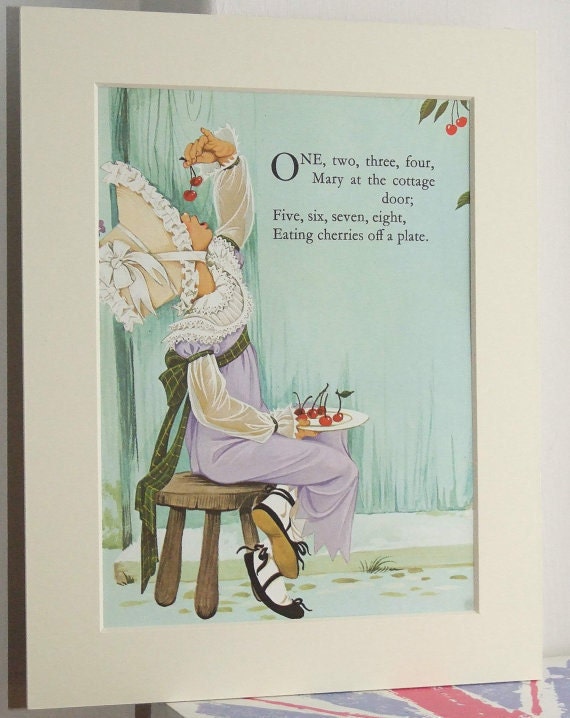 Pair of Ready To Frame Vintage Illustrations. Eating Cherries and Diamond as Big as Her Shoe. Nursery Rhymes.