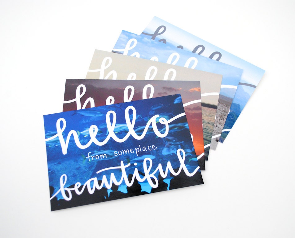 Travel Postcard, Hand-Lettered Calligraphy, Aquatic Photography, Blue, Fish, Hello from Someplace Beautiful, SINGLE
