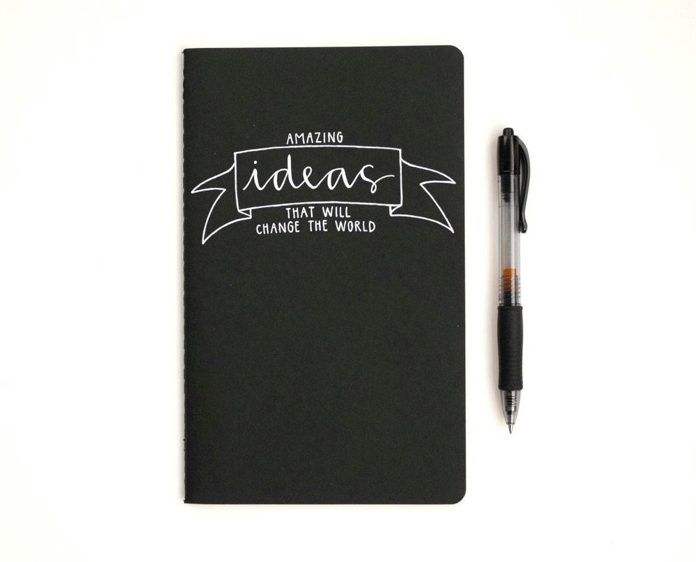 Idea Notebook, Handwritten Calligraphy, Banner Illustration, Large Moleskine Cahier, Black, Amazing Ideas That Will Change the World