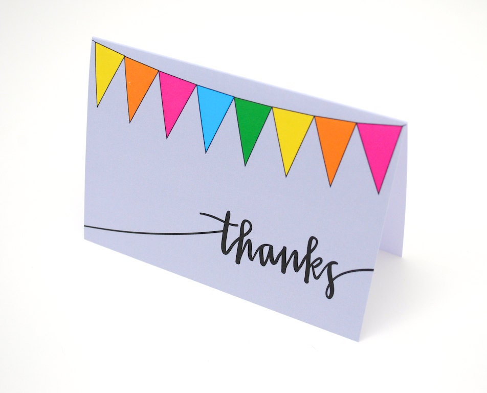 Thank You Cards, Colorful Bunting Illustration, Hand-Lettered Calligraphy, Light Grey, Blank Inside, Set of 4