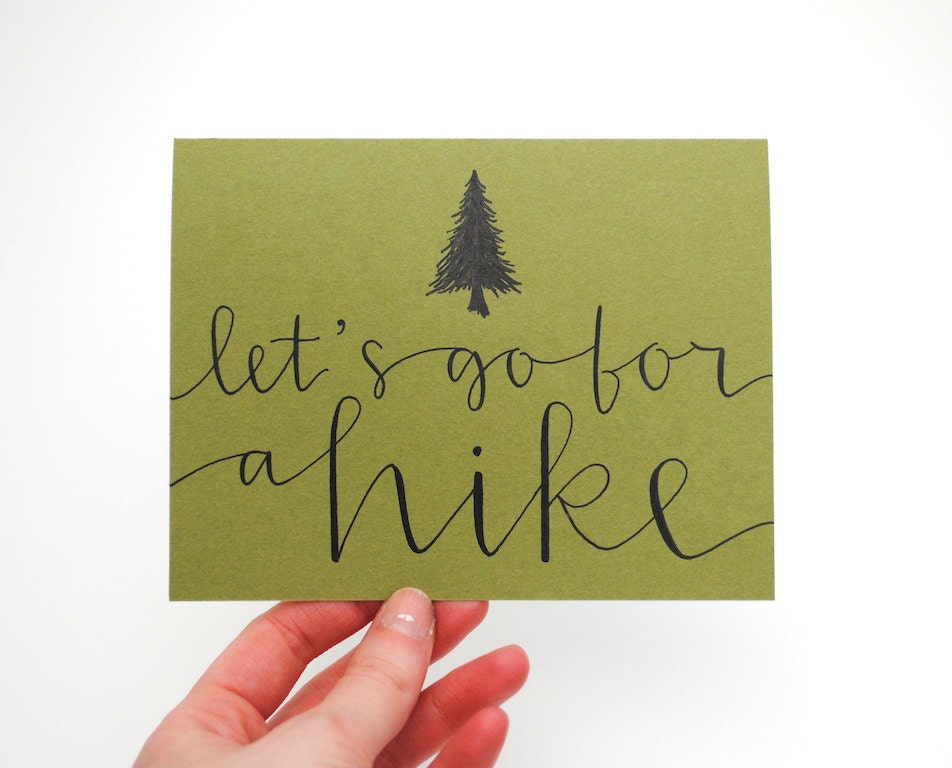 Woodland Love, Let's Go For a Hike, Greeting Card, Handwritten Calligraphy, Evergreen Tree Illustration, Olive Green, Blank Inside, Single