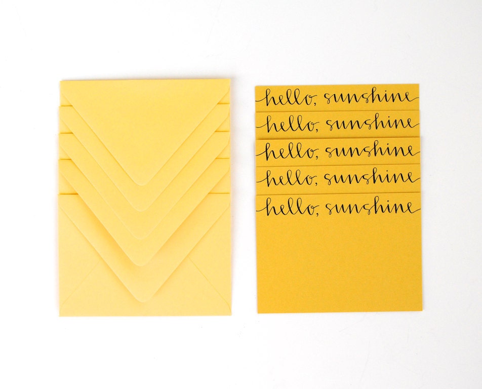Hello Sunshine, Stationery Set, Modern Hand Lettering, Handwritten Calligraphy, Mustard and Lemon Yellow, Set of 5 Flat Notecards