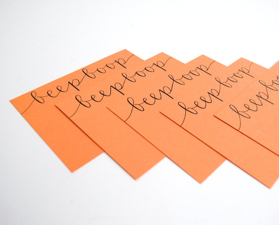 Super Awesome Stationery Set . Modern Calligraphy . Beep Boop . Orange Notecards with Robot Lined Navy Envelopes . Set of 5