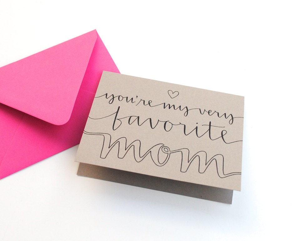 Modern Mother's Day Card with Handwritten Calligraphy . You're My Very Favorite Mom . Grey Card with Hot Pink Envelope . Single