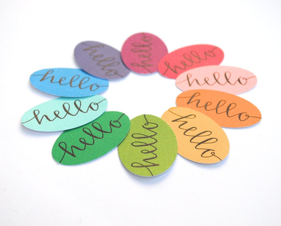 Handwritten Hello Stickers in Rainbow Colors . Envelope Seals with Modern Calligraphy . Stationery Supply . Set of 10