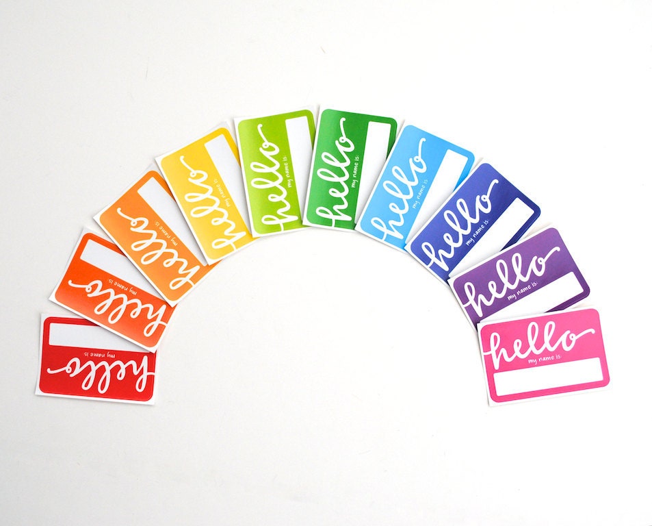 Rainbow Name Tags, Modern Calligraphy, Hello My Name Is, Rectangular Vinyl Stickers, Bright Colors, Set of 10