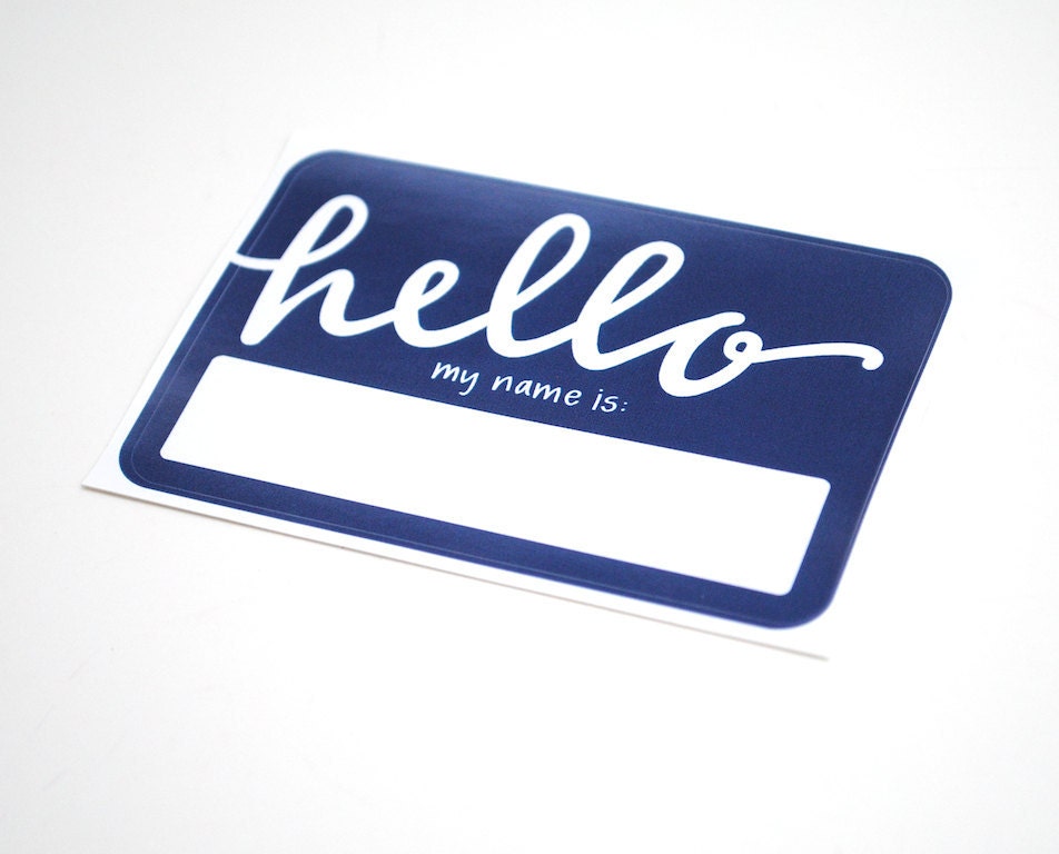RESERVED Modern Name Tags in Pantone Colors with Whimsical Calligraphy . Hello My Name Is . Rectangular Vinyl Stickers . Two Sets of 10