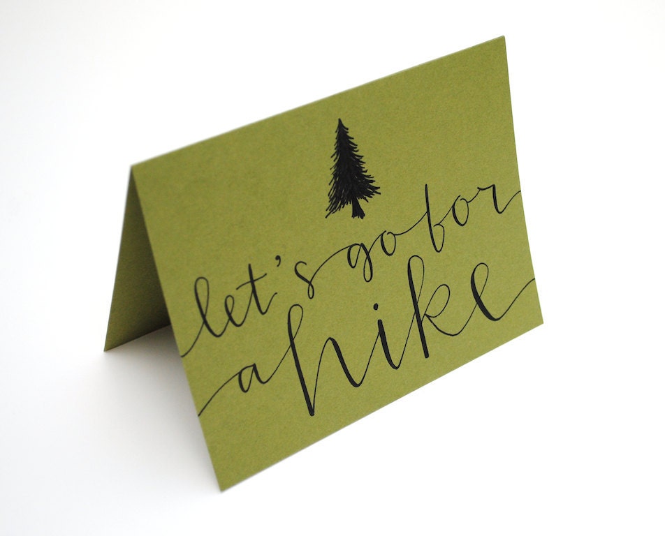 Woodland Love, Let's Go For a Hike, Greeting Card, Handwritten Calligraphy, Evergreen Tree Illustration, Olive Green, Blank Inside, Single