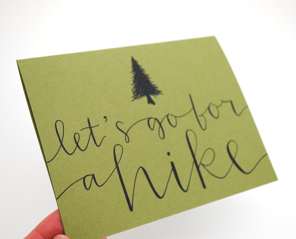 Woodland Love, Let's Go For a Hike, Greeting Card, Handwritten Calligraphy, Evergreen Tree Illustration, Olive Green, Blank Inside, Single
