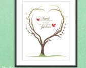 Fingerprint Wedding Tree -  Heart Shaped Tree with Love Birds - 16x20 - 100 Signature Guestbook Thumbprint Poster