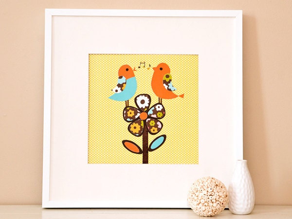 Modern Children's Paper Wall Art - Birds Singing on a Flower - 12 x 12 -  Green and Blue or Custom Color