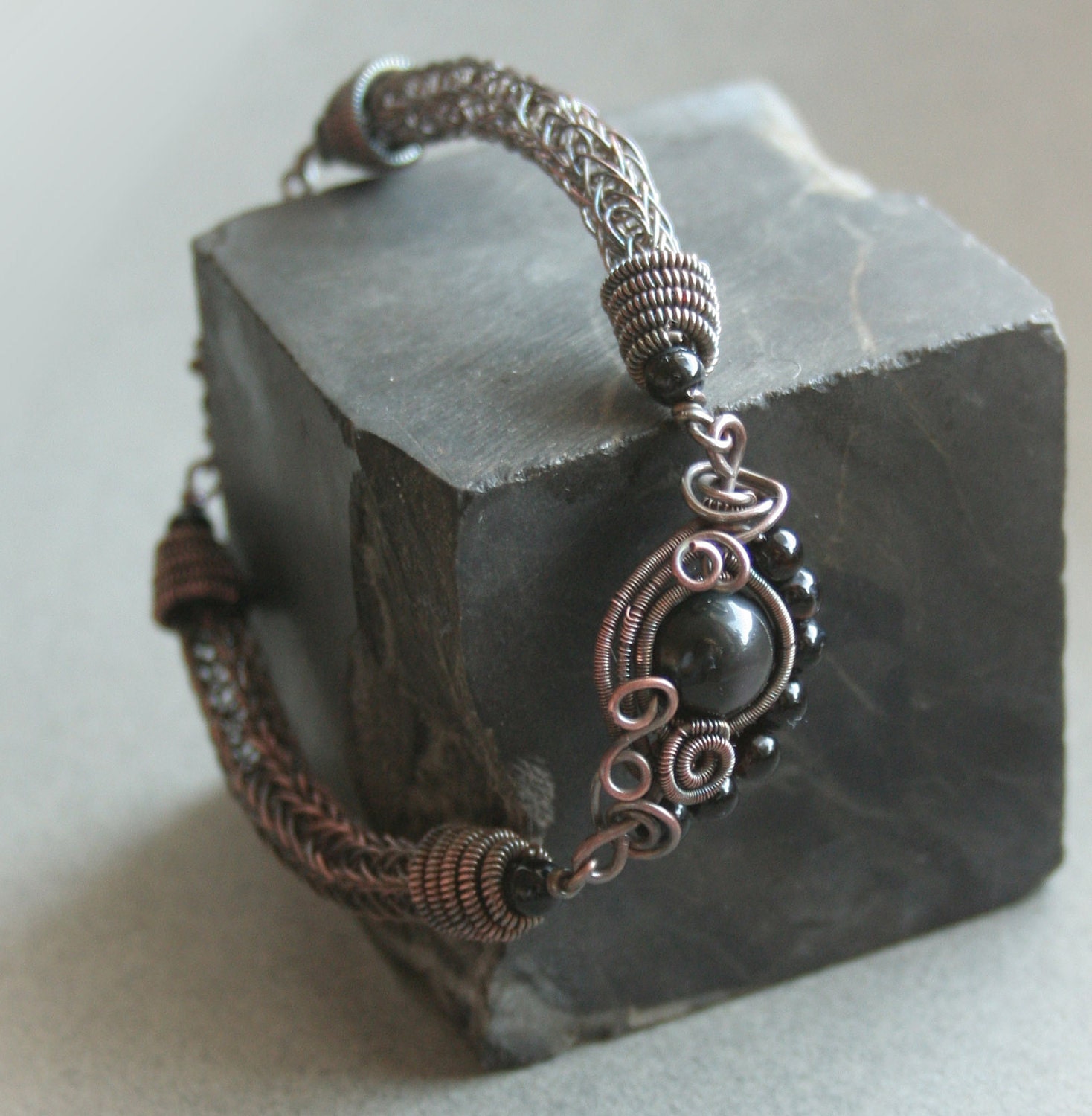 Eye of the Storm - viking knit copper wire bracelet with rainbow obsidian