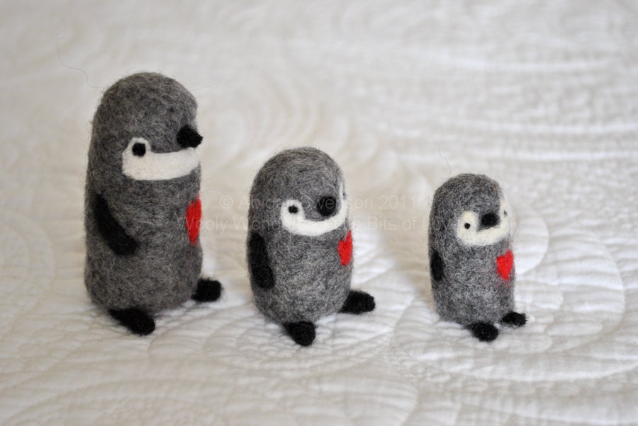 The Popular Penguins Family - Three Handmade Needle Felted - Soft Wool -Miniature Animal Stocking stuffer toy gift