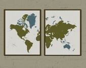 World Poster, Two Worlds One, 8X10 Inches Set of 2, World Map Artwork
