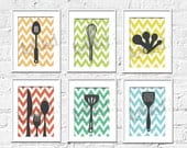 Kitchen Art Prints - Chevron Kitchen Set of 6- 5X7 Inches, Choose colors and custom sizes, Fathers Day, Mothers Day