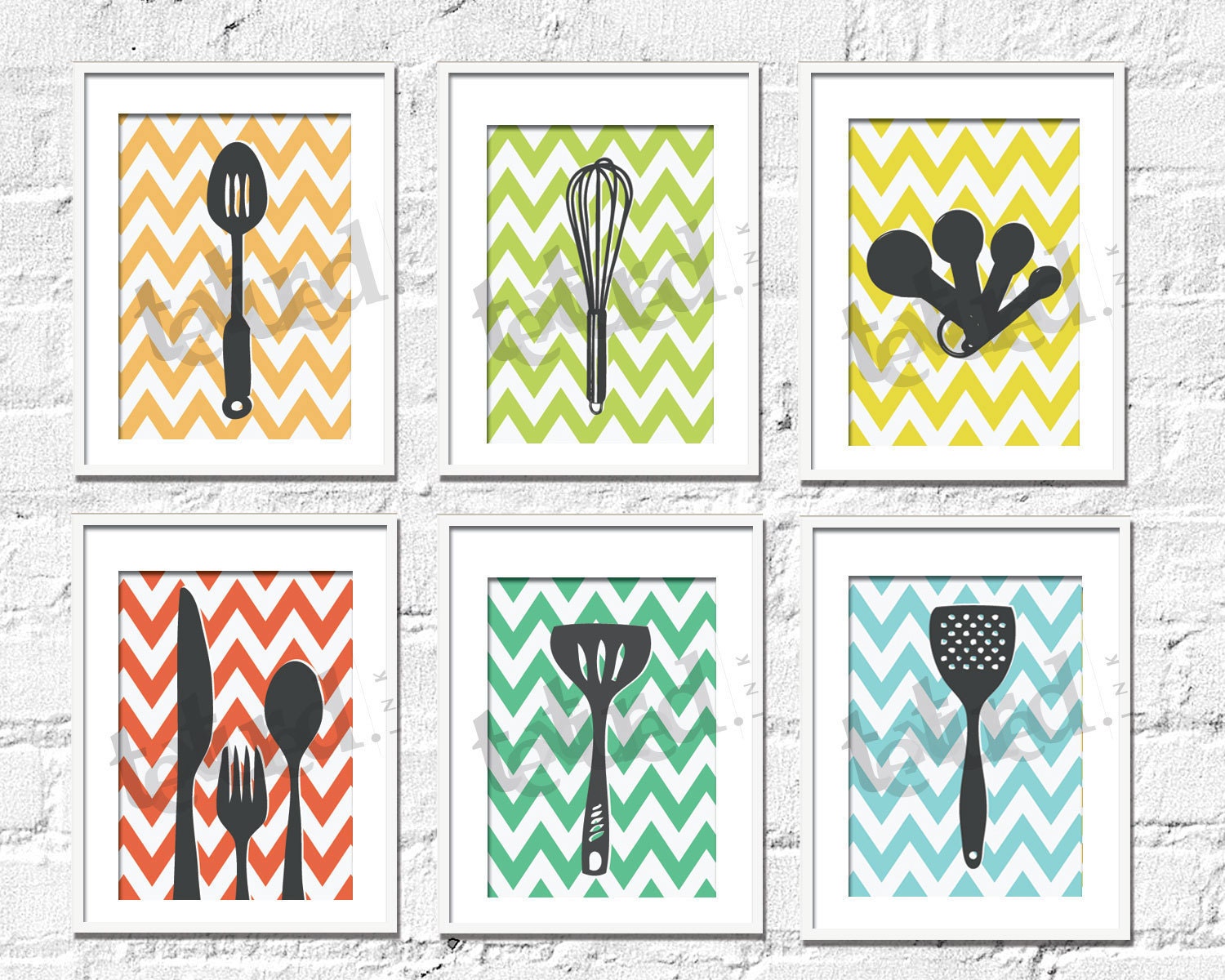 Kitchen Art Prints - Chevron Kitchen Set of 6- 5X7 Inches, Choose colors and custom sizes, Fathers Day, Mothers Day