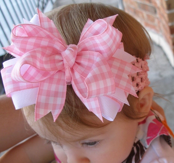 Hair Bow-- Pink Gingham and White Layered Boutique Hair Bow