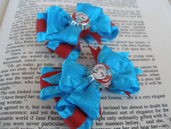 Pigtail hair bows-- Suess Thing 1 Thing 2 Layered Mini Boutique Pig tail Bows