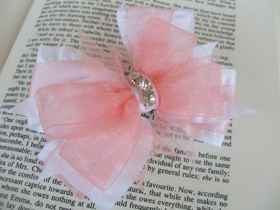 Fancy Hair Bow-- Coral White Dressy Hair Bow with Diamond