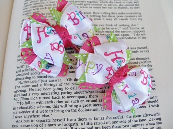 Happy Birthday Hair Bow-- Pigtail bow set-- Layered Mini Boutique Pig tail Bow Set