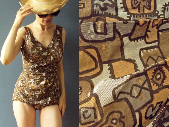 Vintage 50s Bathing Suit One Piece Swim Suit Abstract Geometric Brown Medium Australian Vintage