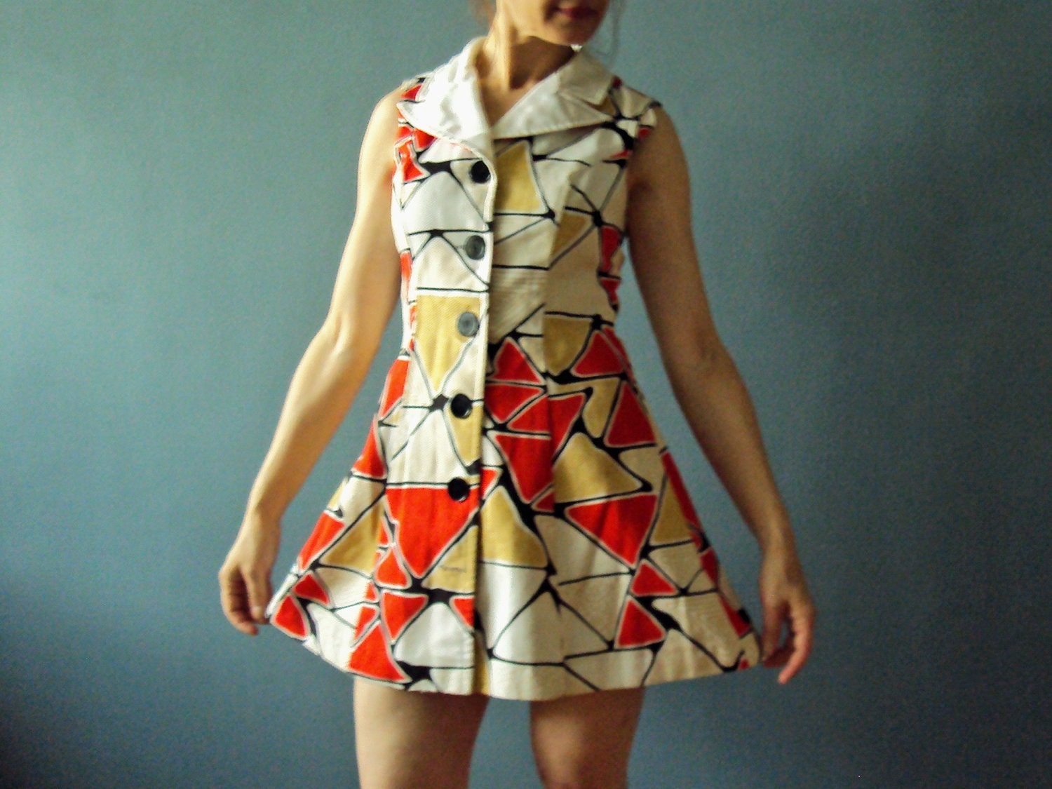 Vintage 70s Geometric Mosaic Triangle Hipster Dolly Mini Dress Waffle Cotton Red Mustard White