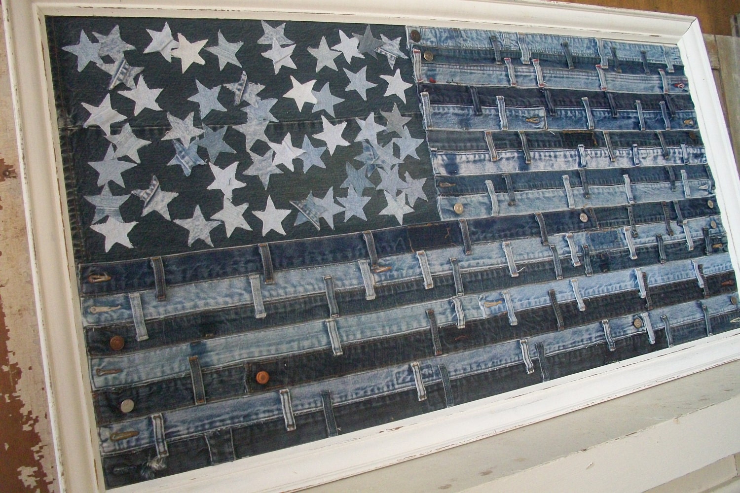 Proud to be an American - framed upcycled jean American flag