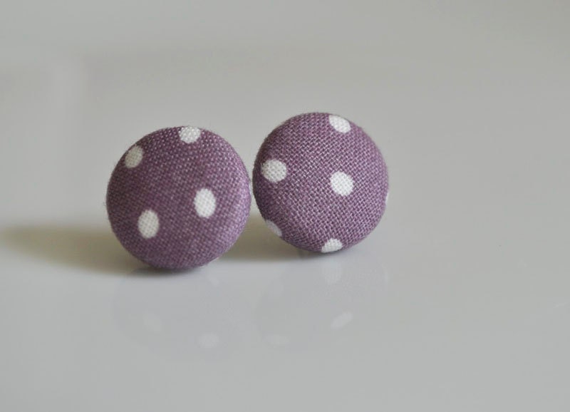 BUY 1 GET 1 FREE, Fabric Button Covered Earrings, Purple Polka Dot