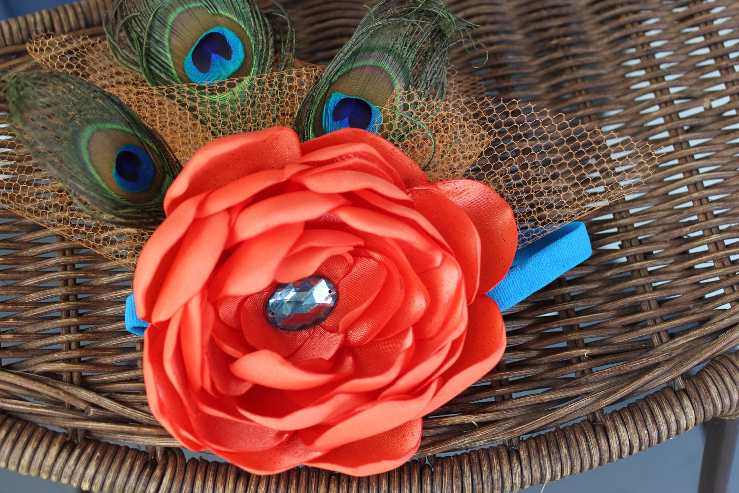 OOAK-One of a Kind- Orange Satin handmade peony bloom flower headband, fascinator with peacock feathers. "Claudia"