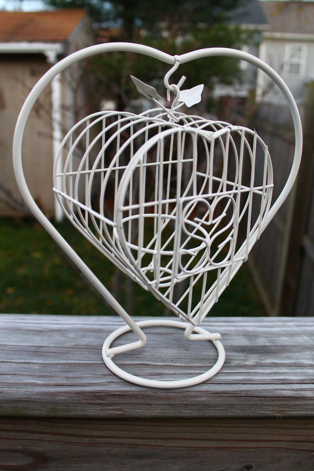 White Heart Shaped Wedding Birdcage Candle Holder- Upcycled Shabby Chic Country Cottage Bridal 