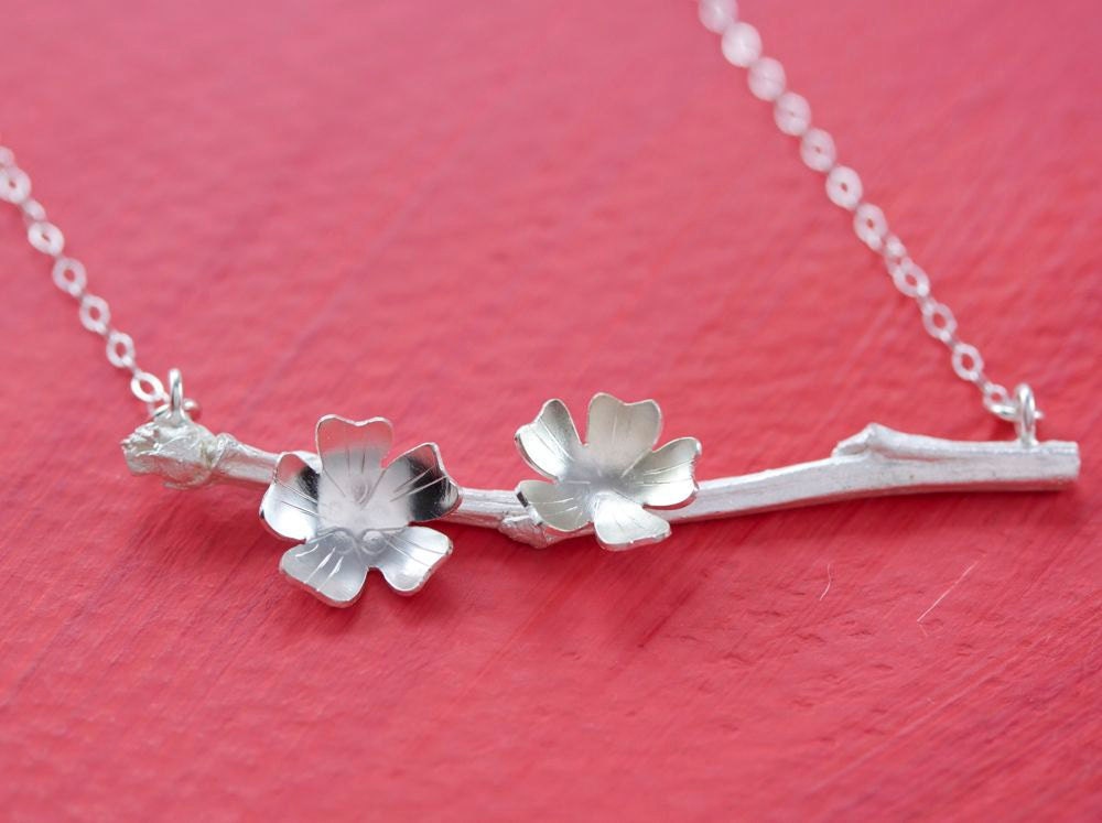 Sterling Silver Apple Tree Branch Necklace with Blossom Flowers