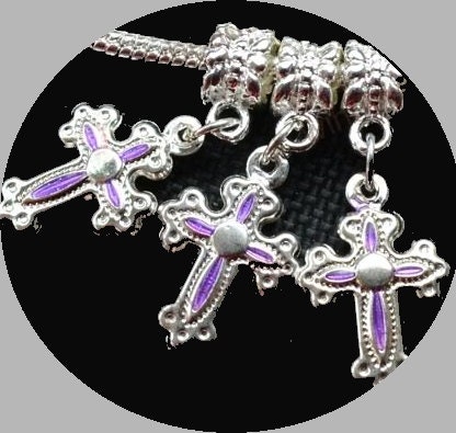 2pcs Silver Cross Charms Purple Enamel Dangle Crucifix Pendants Beads For European Bracelet Jewelry Making