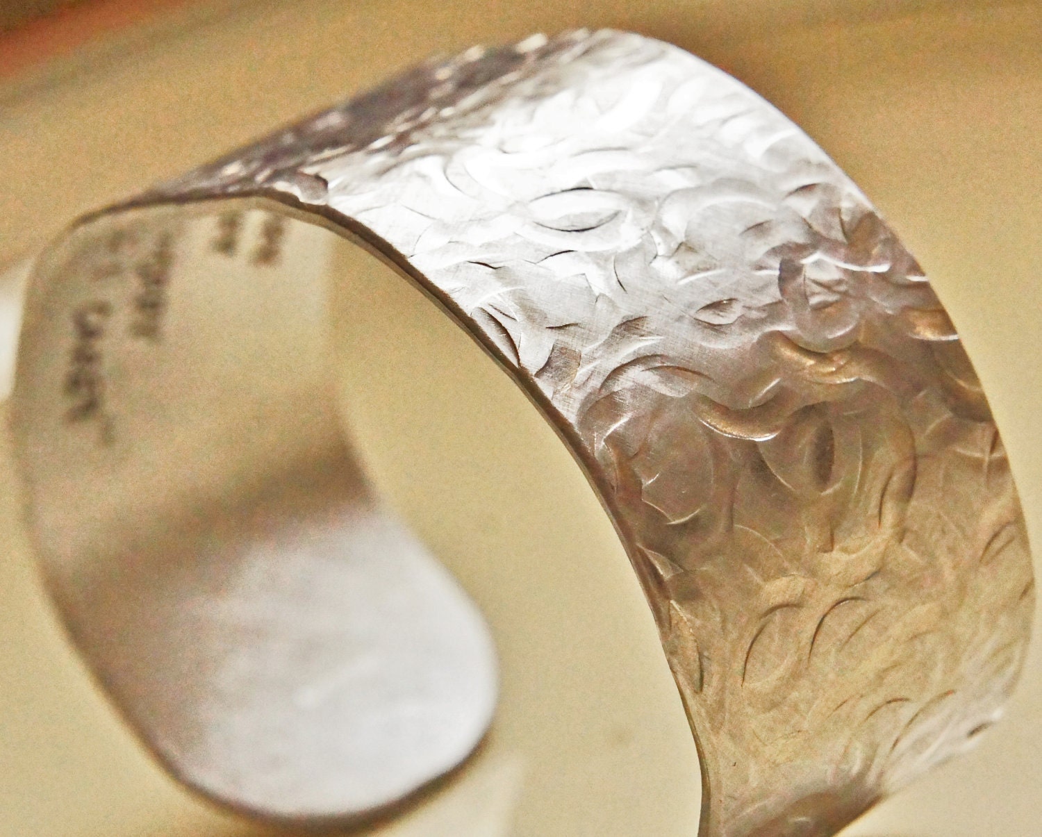 Custom Quote Cuff Bracelet Silver Hand Stamped 1 inch Aluminum Hidden Message Personalized Text Textured Finish Adjustable Cuff