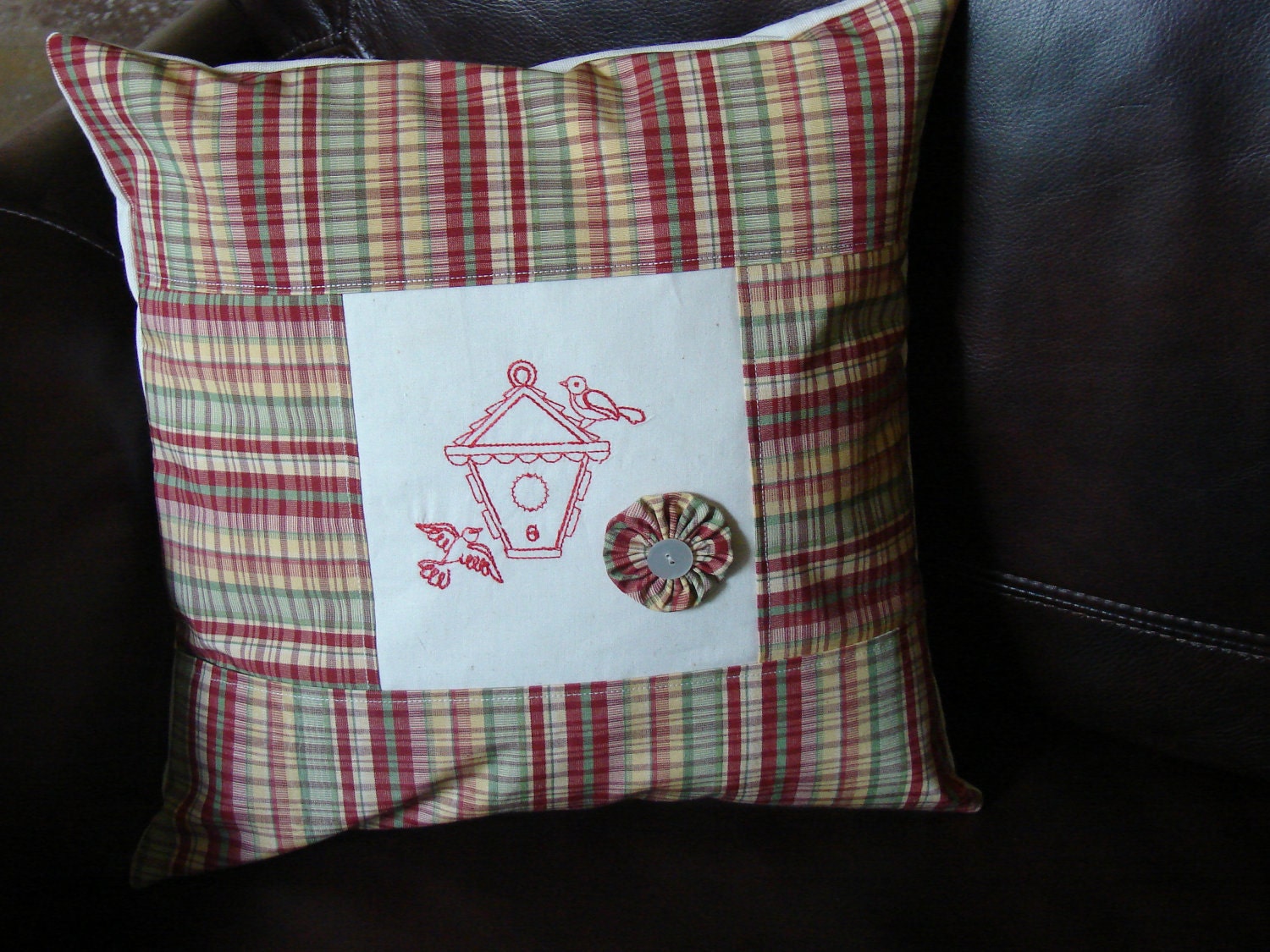 Redwork Bird House Embroidered Throw Pillow Cover 16 by 16 Birds Summer Fresh